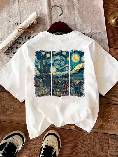 Camiseta gráfica de mujer con diseños de La Noche Estrellada de Van Gogh y paisaje urbano - Manga corta, cuello redondo, casual, de tela transpirable y elástica media, lavable a máquina para primavera, verano y otoño, prenda de ocio artística, diseño conmemorativo