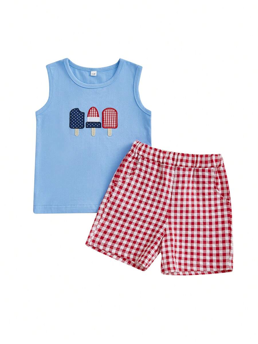 Kid Boy 4th Of July Outfit Popsicle Embroidery Round Neck Tank Tops+ Plaid Shorts 2Pcs Outfit