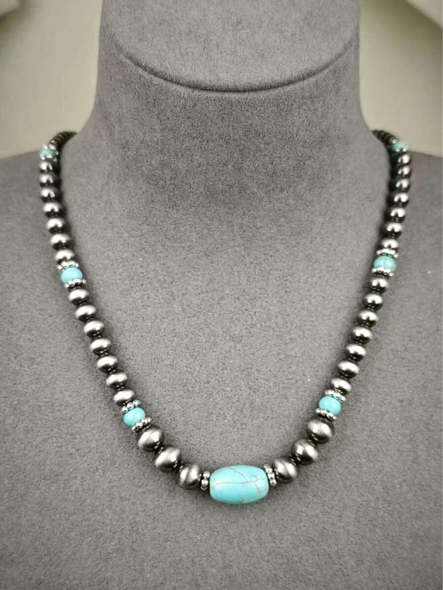 Collana vintage in turchese, gioielli con perle in stile western country con finitura argento per donna
