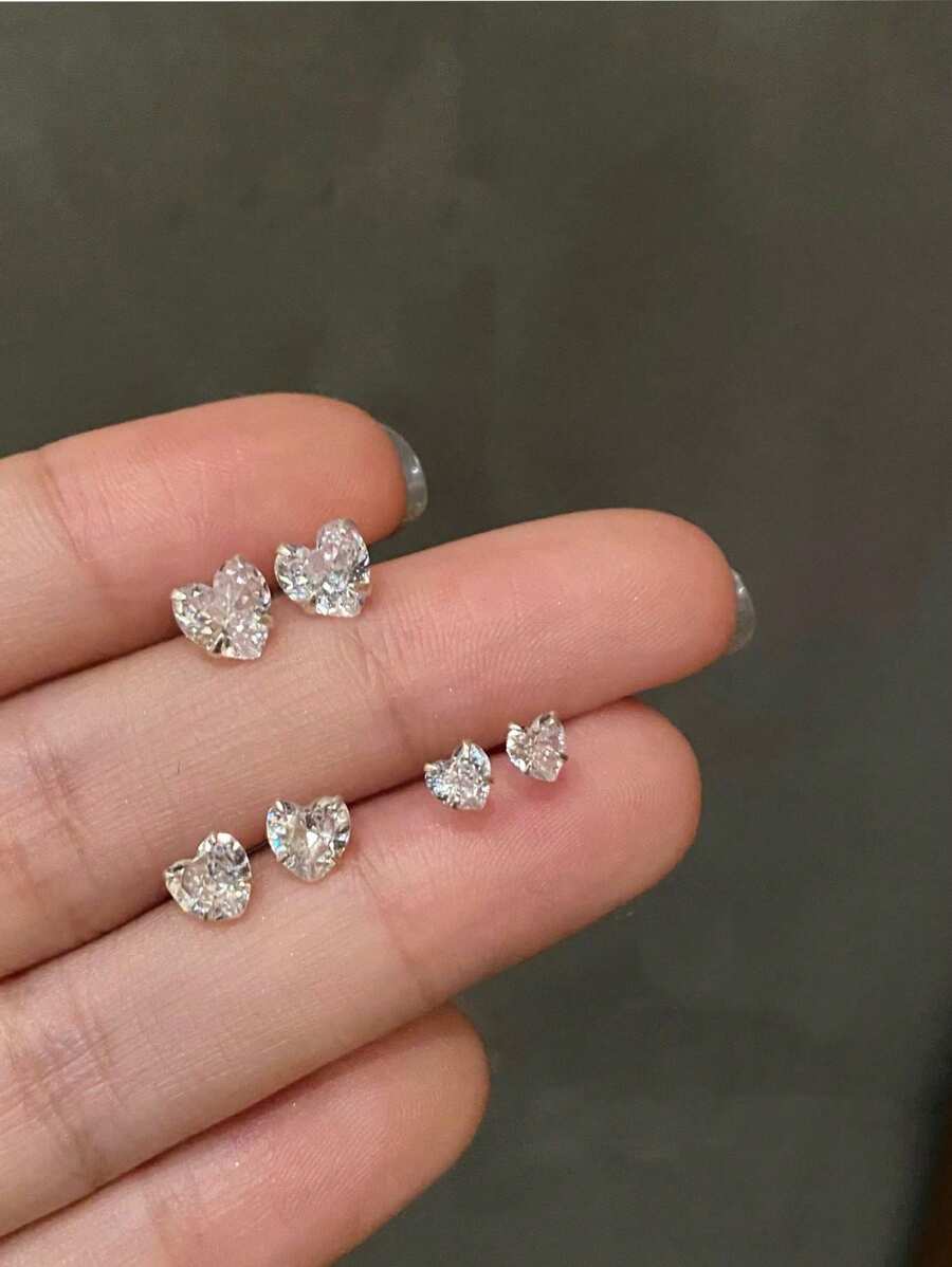 1/3pair Set Fashionable Luxury Sparkling Heart Zirconia Stud Earrings, Petite & Minimalist Design For Women