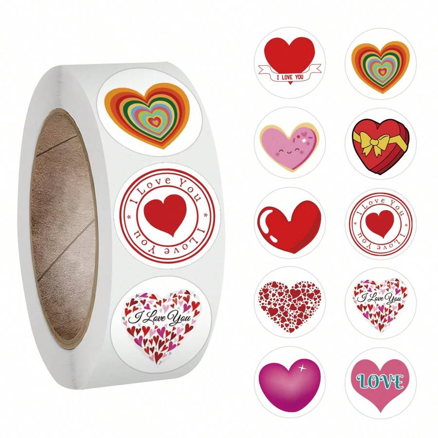 500 unidades Rollo de pegatinas redondas con forma de corazón para el Día de San Valentín, pegatinas de vinilo para estética, scrapbooking, diarios, parachoques, monopatín, botellas de agua, dibujos animados, cascos de seguridad, coches