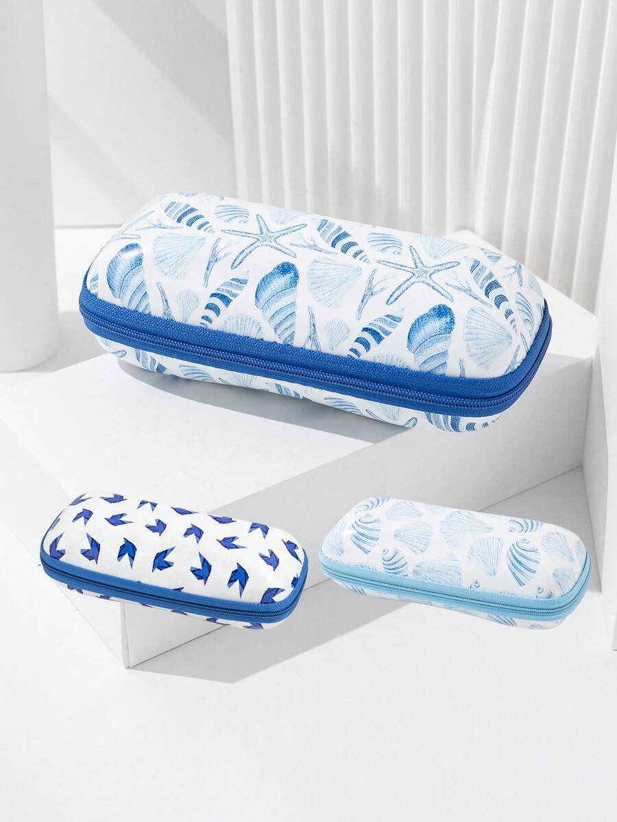 1 pièce Étui à lunettes à fermeture éclair avec imprimé d'origami conque, étoile de mer et coquille bleue océan pour hommes. Convient pour les lunettes de soleil et les lunettes de prescription