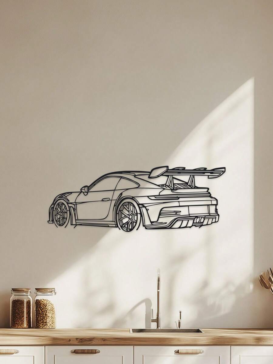 1pc Minimalist Sports Car Metal Wall Art - Black Metal Carving, Sleek Design With Spoiler & Exhaust Pipes, Easy To Hang Home & Office Decor For Living Room Or Wall Enthusiasts, Dynamic Aesthetic Modern Craftsmanship Room Decor Bedroom Decor Home Decor Wall Decor