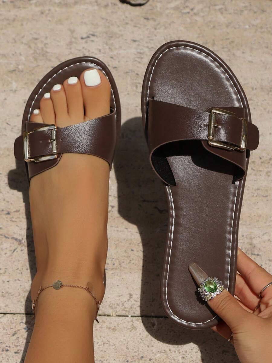 Sandales plates bohèmes élégantes en PU de couleur unie avec boucle, convenant pour la plage, le mariage, les vacances, l'extérieur, l'été