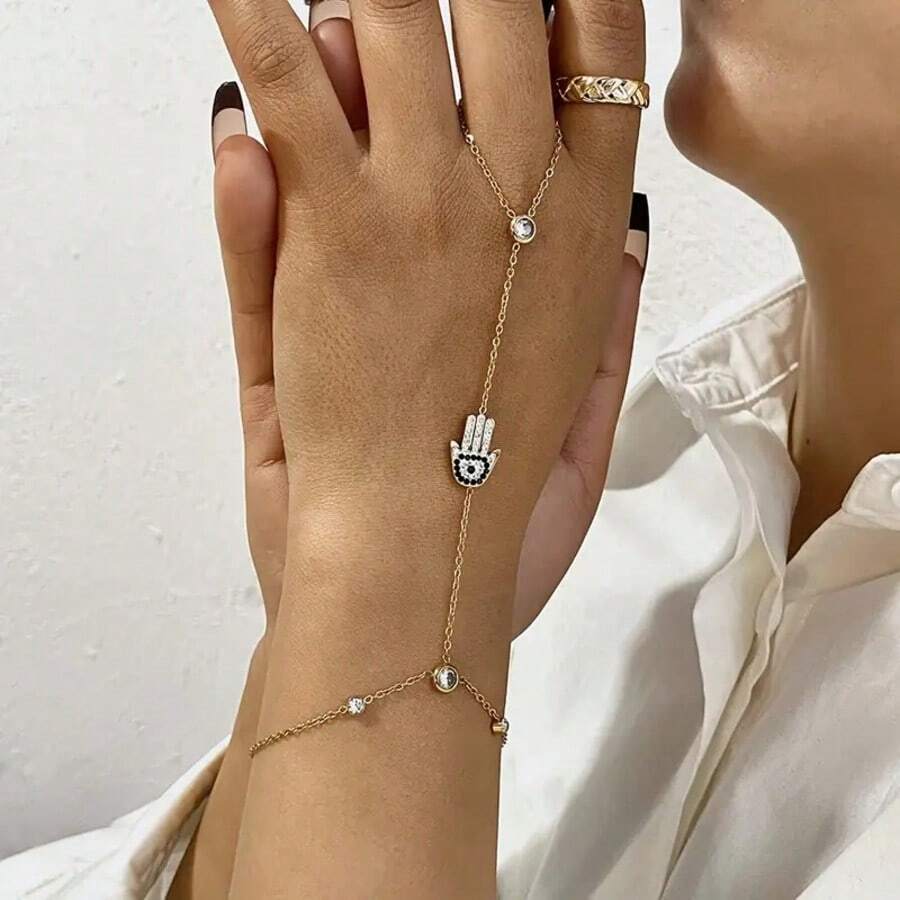 1pc Minimalist Multi-Layered Evil Eye Bracelet Rings, Bohemian Connected Bead Silver-Tone Hand Chain Jewelry Suitable For Parties, Holidays, Vacations, Daily Wear, Finger Chain, Simple Hand Decor