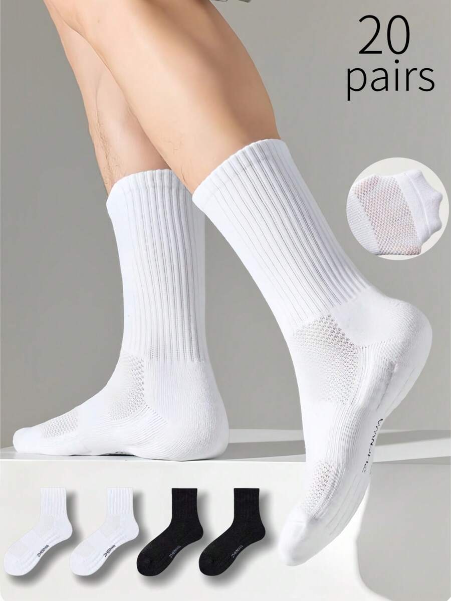 20 paires de chaussettes simples de couleur unie pour hommes, avec un coussin en éponge américaine plus épais, absorbant l'humidité, convenant pour le port quotidien, la course et les sports. Également disponibles dans des designs de couple.