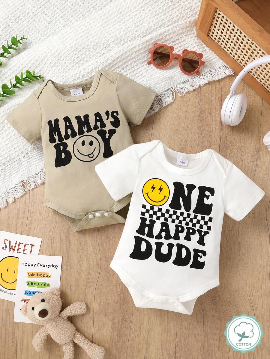 2pcs/Set Casual Cute Baby Boy One-Piece Outfit, Soft, Breathable, Comfortable, Fun Letter & Face Pattern Short Sleeve Bodysuit, Suitable For Vacation, Party, Everyday Wear