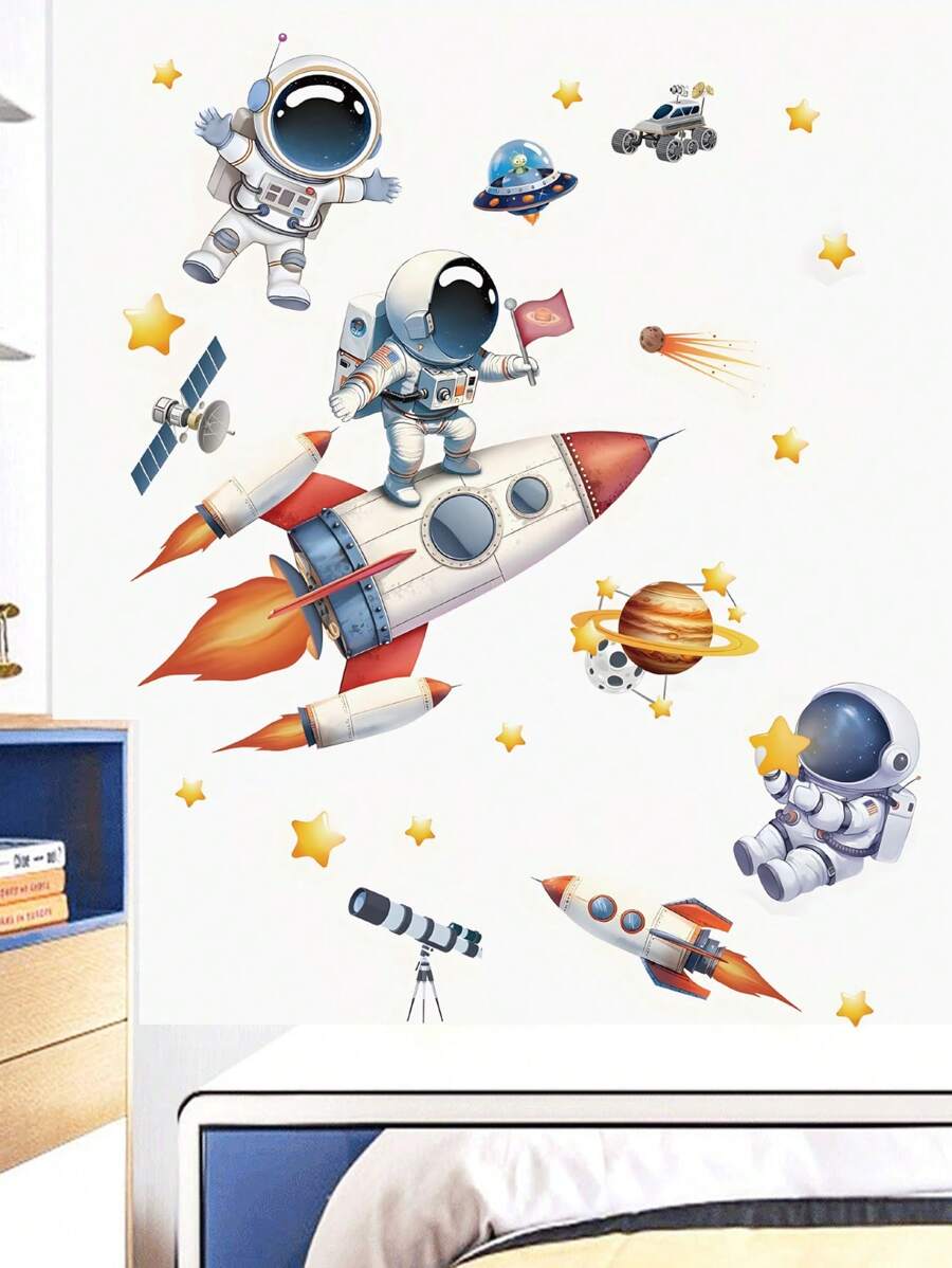 2 Stücke große Weltraum-Astronaut Wandaufkleber, Rakete Universum Planet Wandtattoos für Kinderzimmer, Jungenzimmer, Spielzimmer Dekoration Heimdekoration Wandaufkleber Wanddekoration