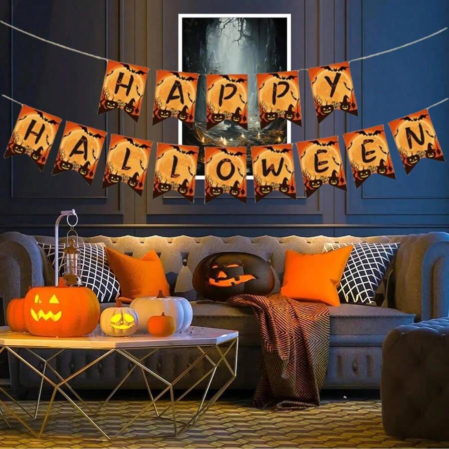 Vintage Halloween Hängebanner - Sürbis Geist Skelett Wand Girlande - Dekorpapier, für Scherz Feiertags-Themenpartys, Eingänge, Häuser, Räume und Szenendekorationen - Herbstferiendekoration und Fotorequisiten