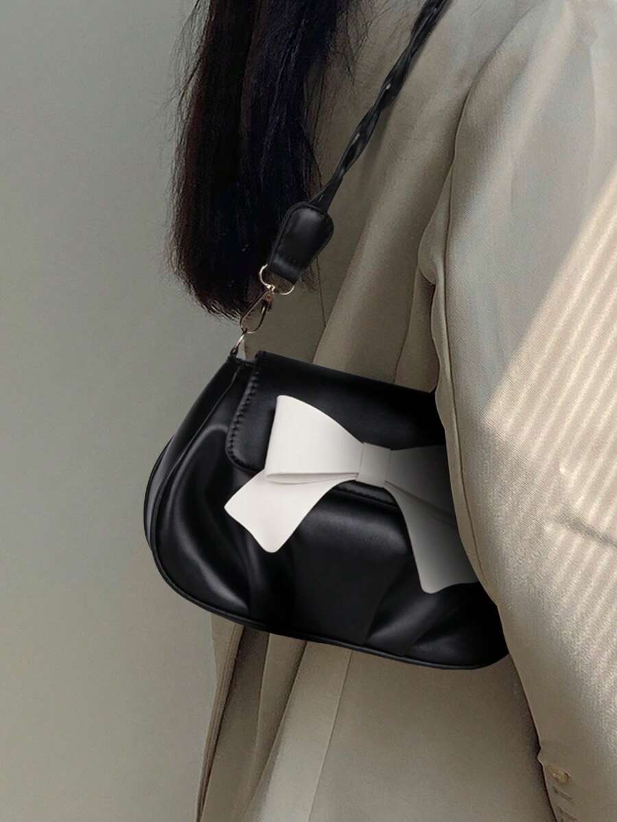 1 Peça Bolsa de Ombro Feminina de Couro PU Cor Única com Decoração de Laço, Bolsa Mensageira Transversal Fofa e da Moda, Adequada para Presente, Transporte, Escola, Mini Bolsa de Telefone