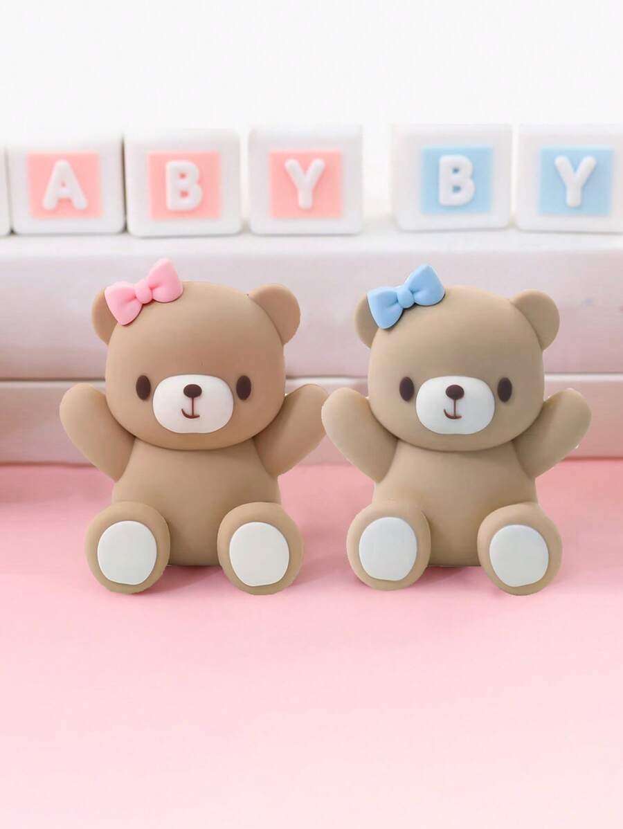 1pc Cute Pink & Blue Bowknot Heart Cartoon Bear Soft Rubber Decor, Suitable For Birthday Cake Party Decoration For Boys And Girls