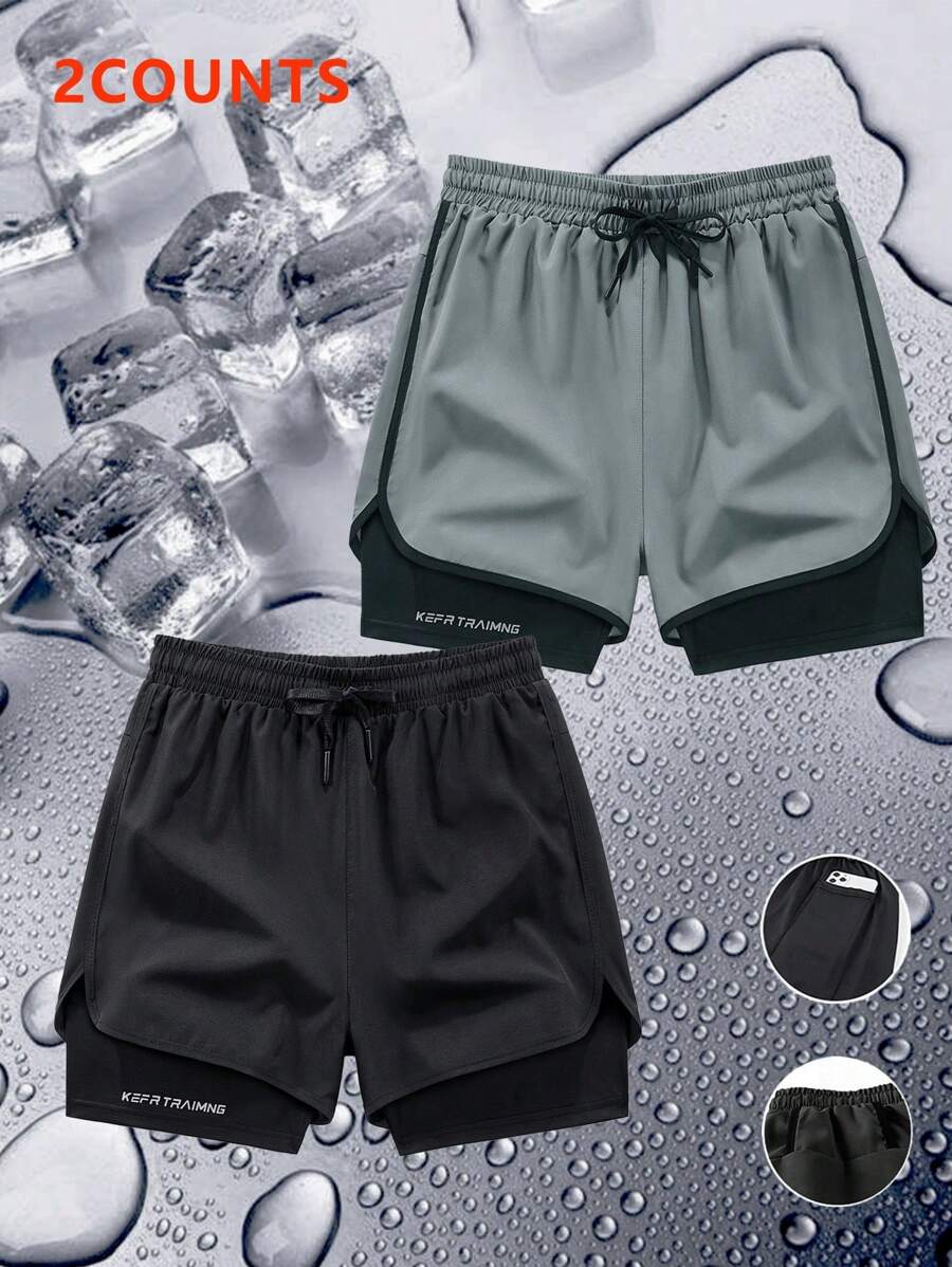 2pcs/Set Men's Casual Sports Fitness Shorts, Faux 2-In-1 Design With Towel Rack On Back. The Fabric Keeps You Cool And Comfortable, Not Stuffy. These Shorts Are Perfect For Hiking, Climbing, Outdoor Cycling, Running And Fitness Workouts.