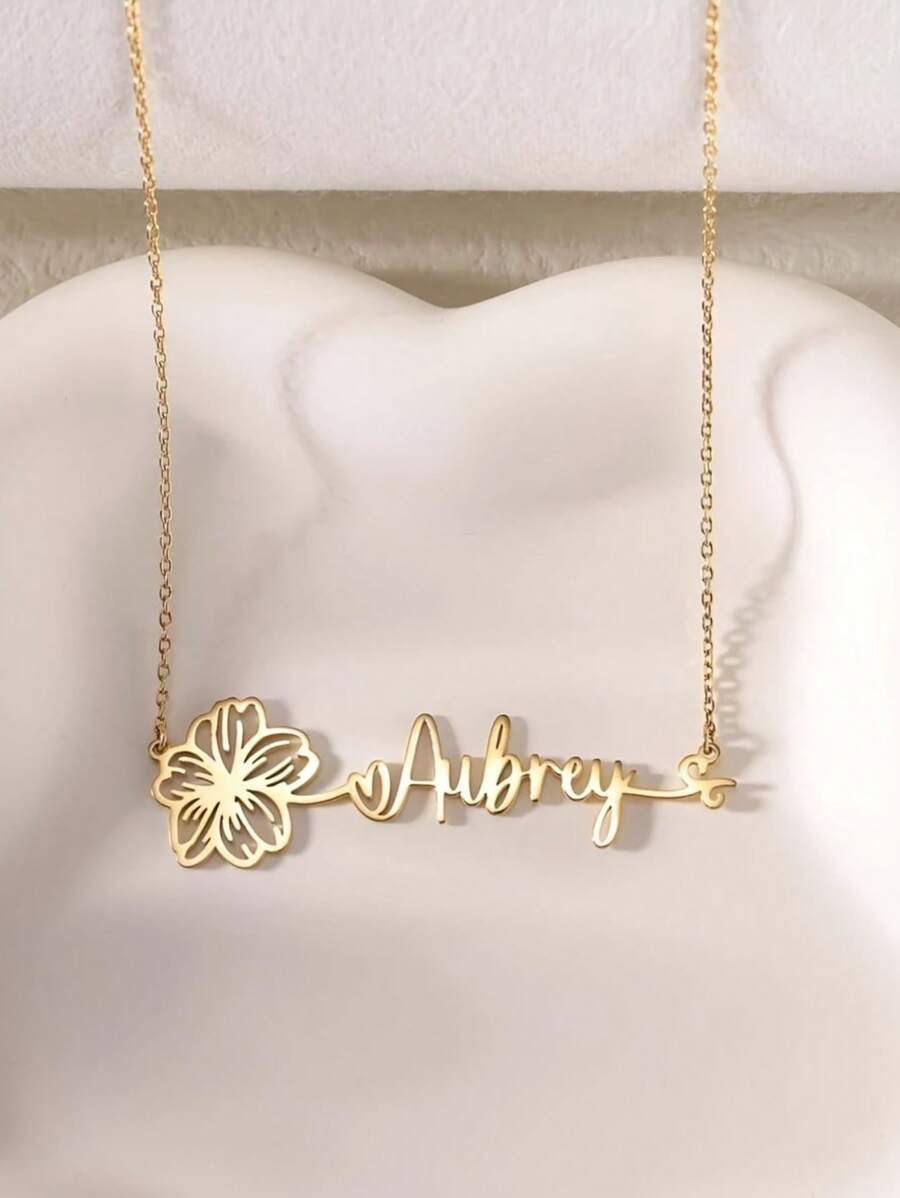 Personalized Floral Name Necklace, Stainless Steel Daisy Heart Pendant With Customized Handwritten Letter Beads, Elegant Jewelry For Women, Versatile Daily Accessory, English Name Only