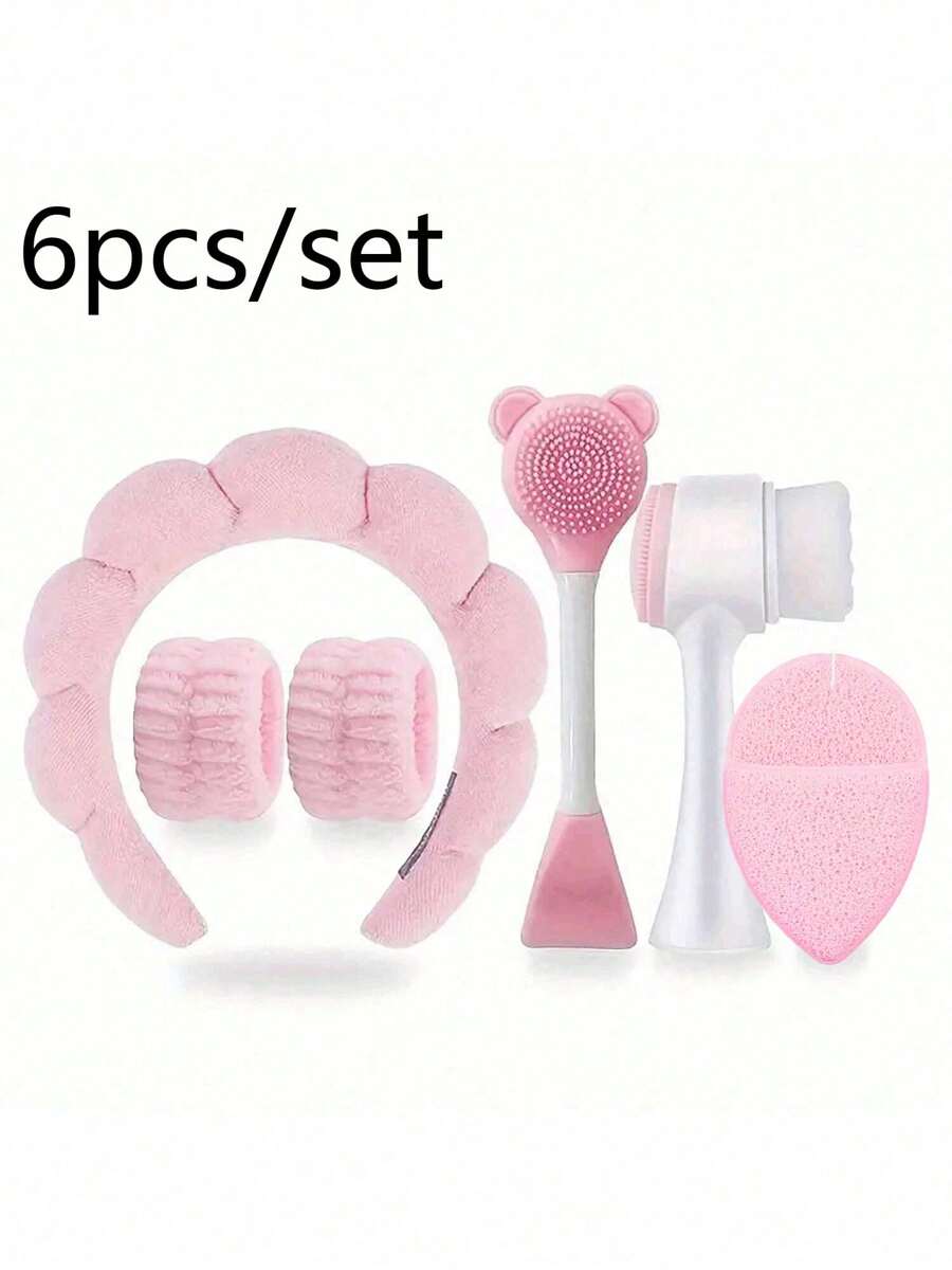 6pcs/Set Face Cleaning Tools - Includes Portable Headband + 2 Wrist Bands, Silicone Facial Cleansing Brush, Cleansing Pad + Dual-Head Face Mask Brush - Makeup Remover Puff - Travel Portable Facial Cleaning Kit - Suitable For Home Beauty Routines, Outdoor Travel, Ideal For Business Trips For Men And Women