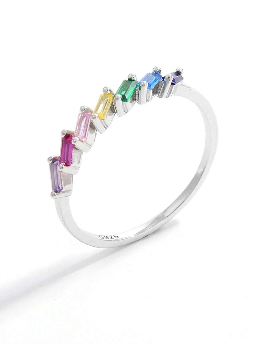 1pc Elegant Fashionable Minimalist Classic 925 Silver Half Circle Colorful Geometric Design Ring, Women Party Accessory, Jewelry Gift To Show Charm