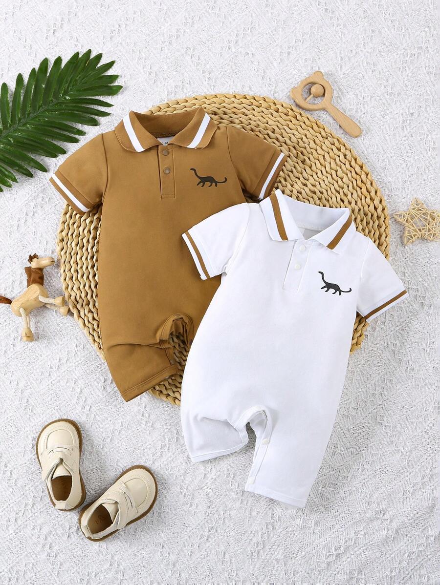 2 piezas Conjunto de pelele de manga corta con cuello tipo polo y estampado de dinosaurios para niños pequeños, para verano