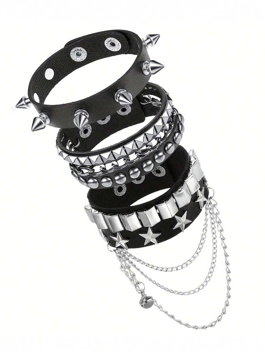 Xiacheng 1/3pcs Punk Rock Studded Bracelet Set, Goth Spiked PU Leather Cuff Bangle, 80s Wristband Bracelets Adjustable For Men Women