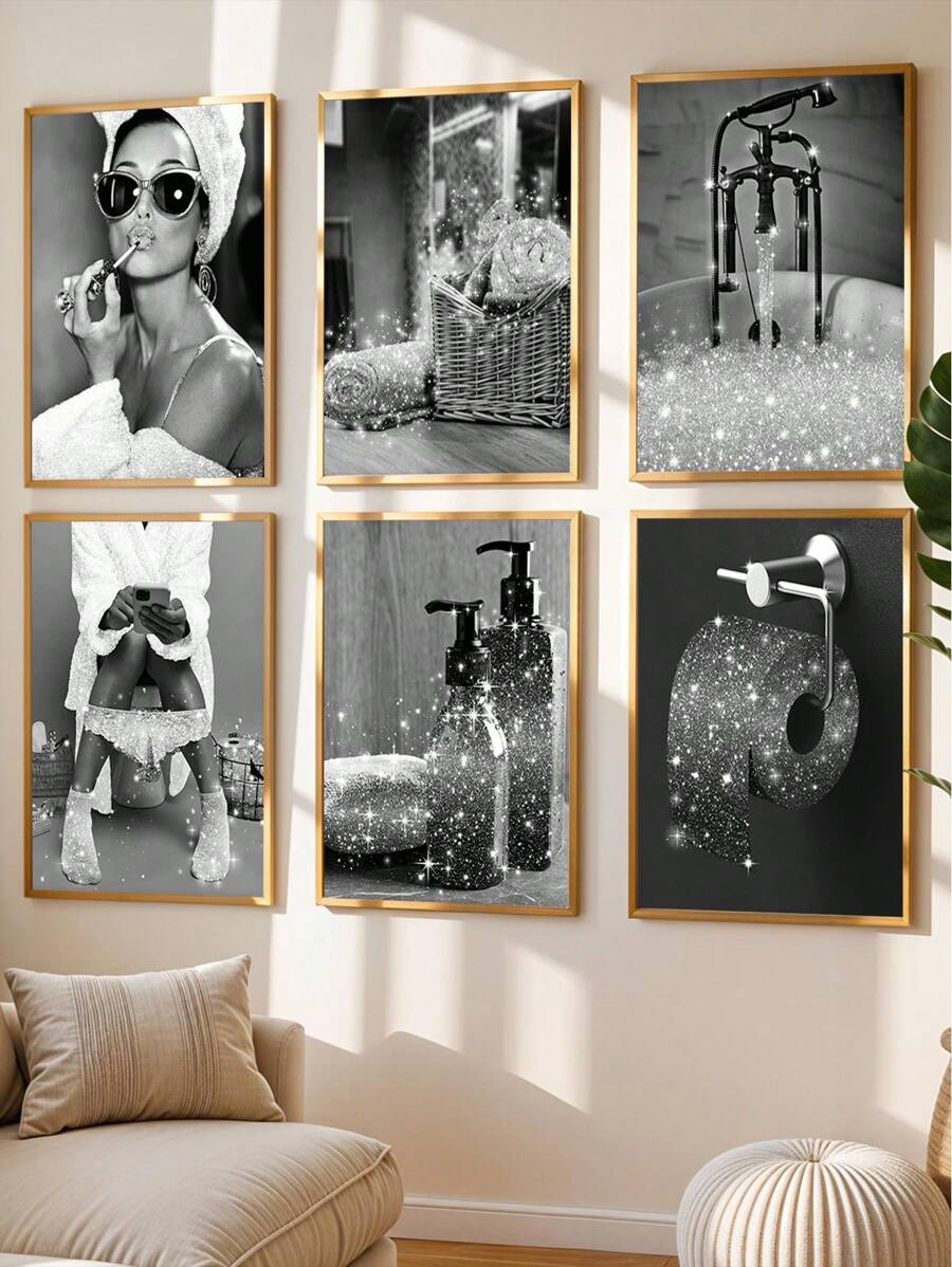 1 pièce Affiche murale mode, décoration murale de salle de bain, impression noir et blanc avec paillettes roses, tableau canevas, photos, œuvre murale de salle de bain moderne, humoristique pour femmes, sans cadre
