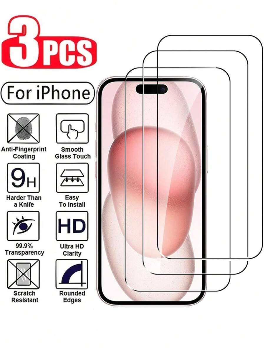 3 piezas Protector de pantalla de vidrio templado de 9H de dureza para 16/15/15 Pro/14/13/12/11 - 99% de alta transparencia y anti-huellas