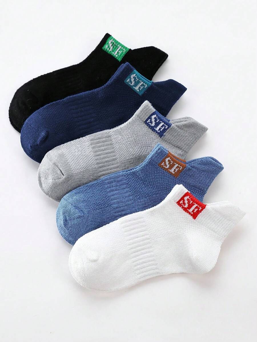 5 Pares de Meias Curtas Esportivas de Tornozelo com Estampa de Letra para Crianças, Meias Respiráveis e Absorventes de Umidade para Uso Diário, Esportes ao Ar Livre e Looks Casuais