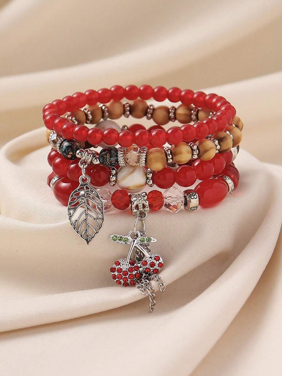 4 pièces/set Bracelet multicouche avec pendentifs en forme de feuilles de cerisier, fraises et franges en perles de verre de style bohème, convient pour les femmes au quotidien, la plage, les vacances, la remise des diplômes, en cadeau