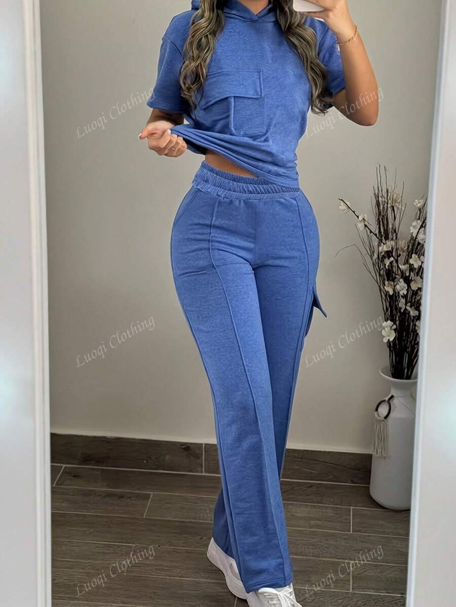 2pcs/Set Women Summer Casual Suit - Solid Color Hooded Short Sleeve Top And Elastic Waist Pocket Straight Leg Pants