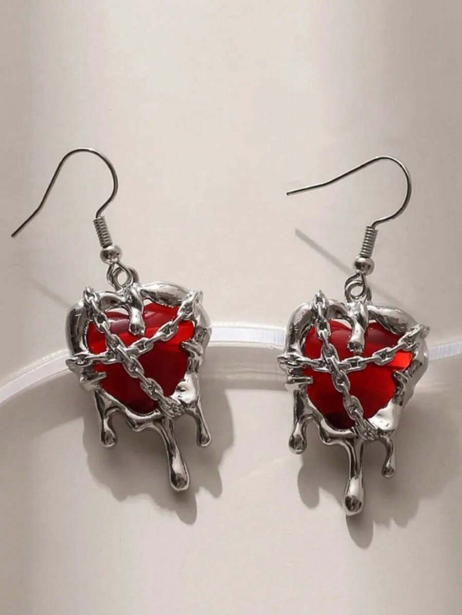 2 peças brincos com pingente de coração vermelho e preto, estilo gótico punk rock, para mulheres, moda criativa, estética grunge, joias Y2K, acessórios EMO, presente de dia dos namorados