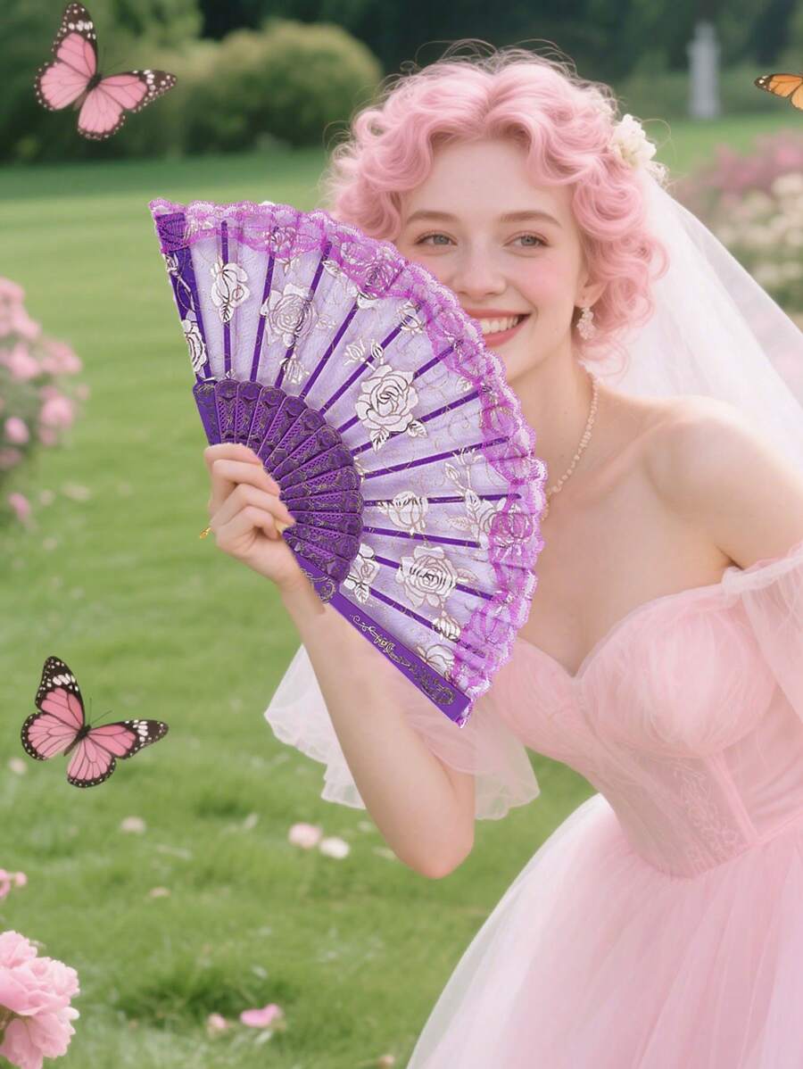 Faltbarer Spitzen-Fächer, handgehalten im chinesischen Vintage-Stil, Handventilator zum Falten für Party, Hochzeit, Tanzdekoration, Vintage-Stil Blumen-Faltfächer elegant für Aufführungen, Party, Hochzeitsdekoration, Vintage-Spitzen-Faltfächer, Tanzventilator, Handfächer als Foto-Requisite