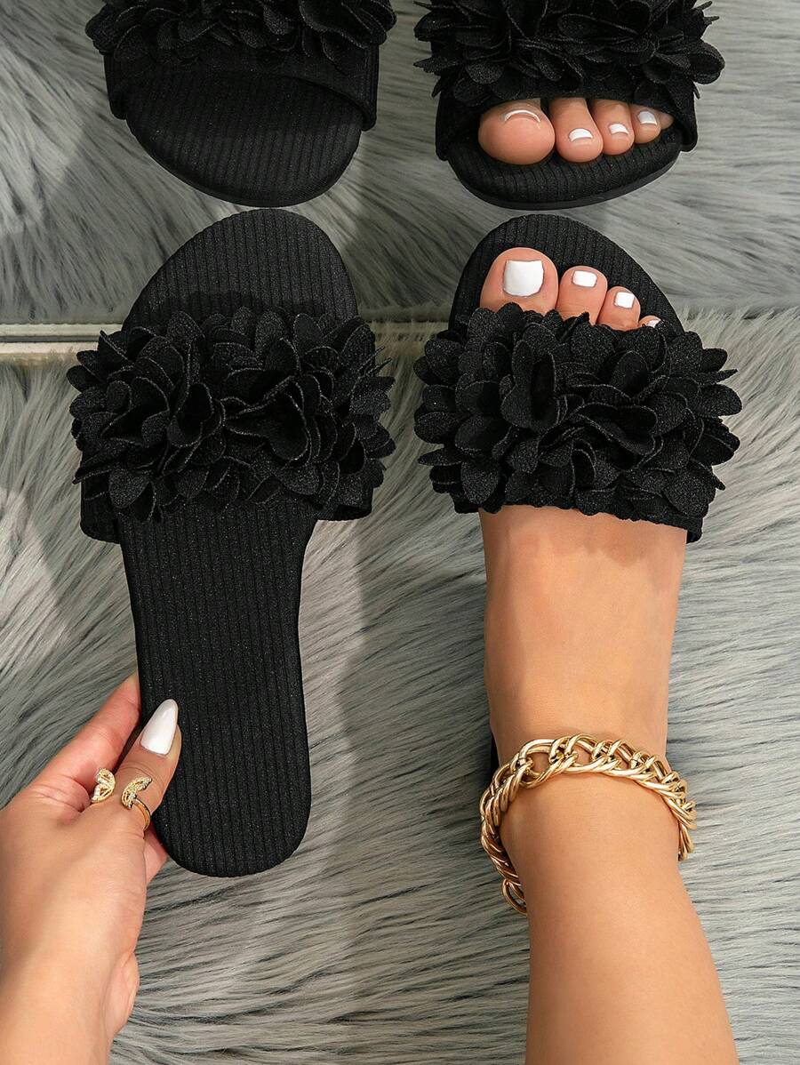 Sandalias planas de mujer de estilo primavera/verano, sandalias planas minimalistas elegantes, sandalias deslizantes negras con banda trenzada de moño de una sola pieza