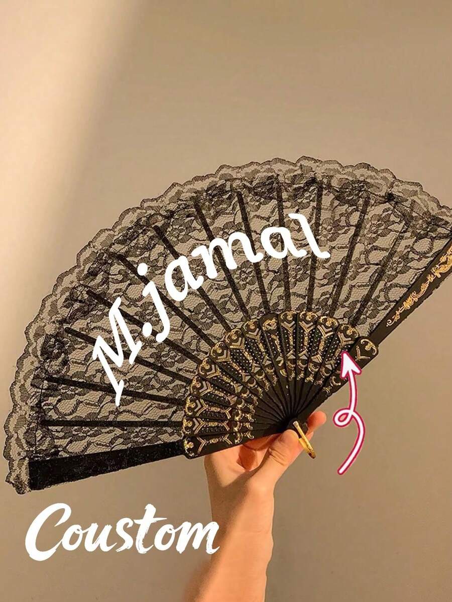 Personalisierter Namens-Fächer, Retro Faltfächer, Kunststoffmaterial, schwarze Spitzen-Dekorationsfächer, geeignet für Partys, Hochzeiten, Tanz und Halloween Raumdekoration, Retro Spitzen-Stickerei Blumenmuster Faltfächer - eleganter schwarz-weißer Handfächer, perfektes Feriengeschenk