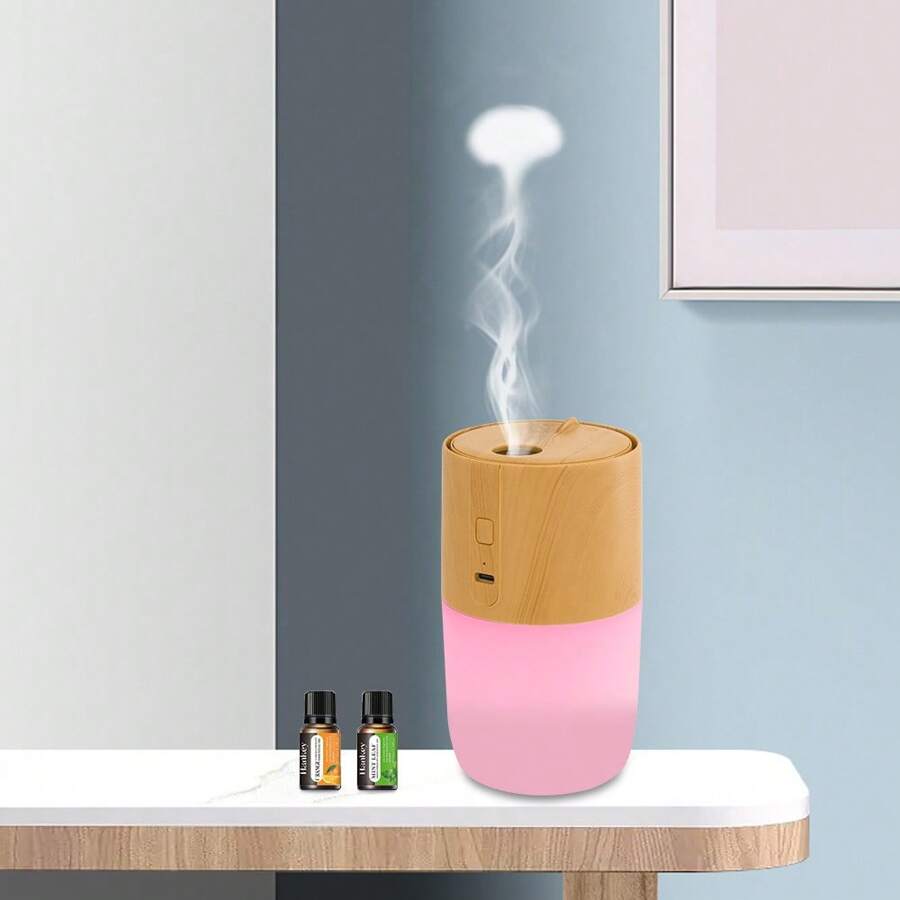 300ml Wood Grain Aroma Diffuser, Humidifier, Air Purifier, 7-Color LED, 2 Spray Modes, 2 Essential