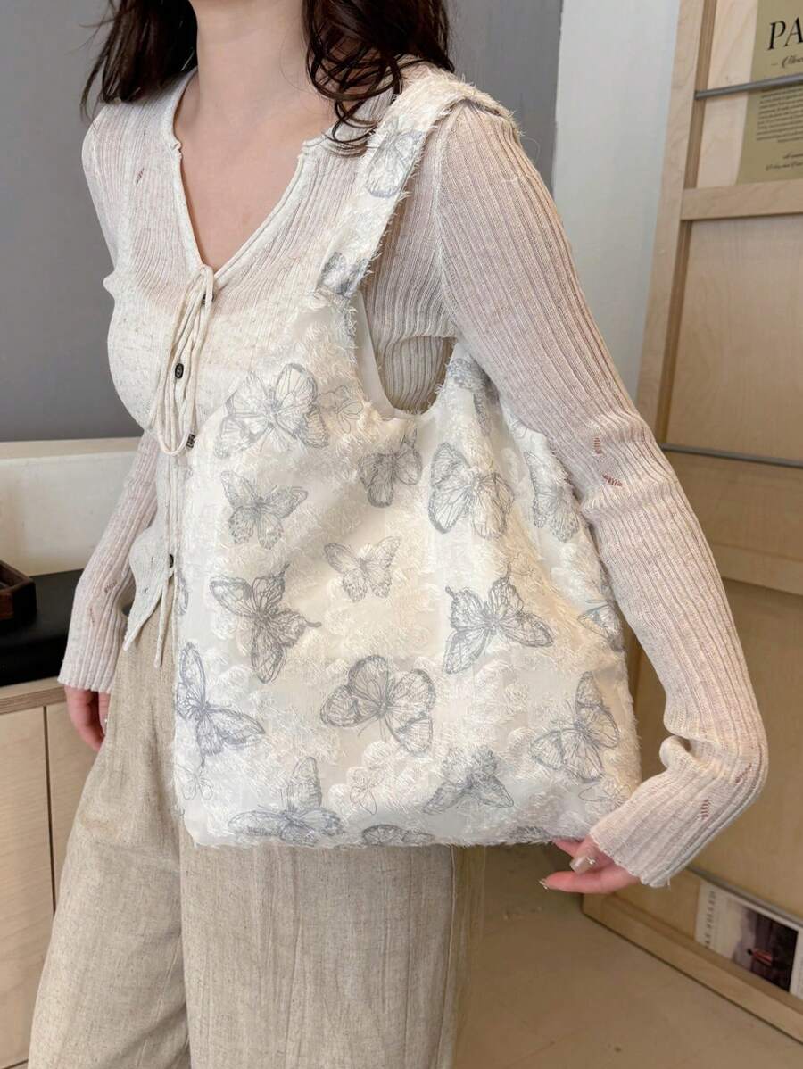 Elegant Butterfly Lace Shoulder Tote Bag – French Style Canvas Handbag For Women, Large Capacity Casual Shopping Bag, Fashionable Daily Carry Bag, Korean Inspired Tassel Detail Purse, Vintage Chic Tote For Office And Streetwear