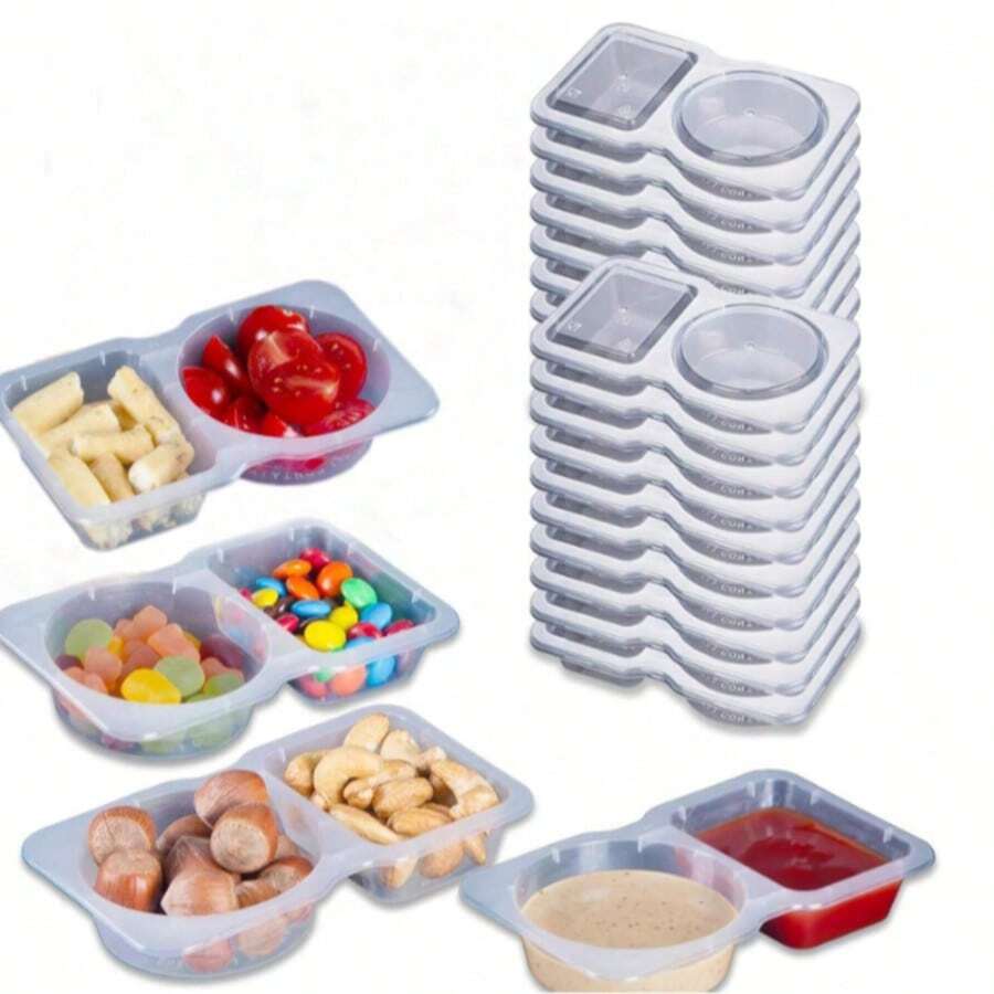 5/10/20 Pcs Double Compartment Condiment Container With Lid Double Compartment Snack Containers Double Compartment Snack Containers For To-Go Sauce, Sampling, Travel Snack (Transparent)