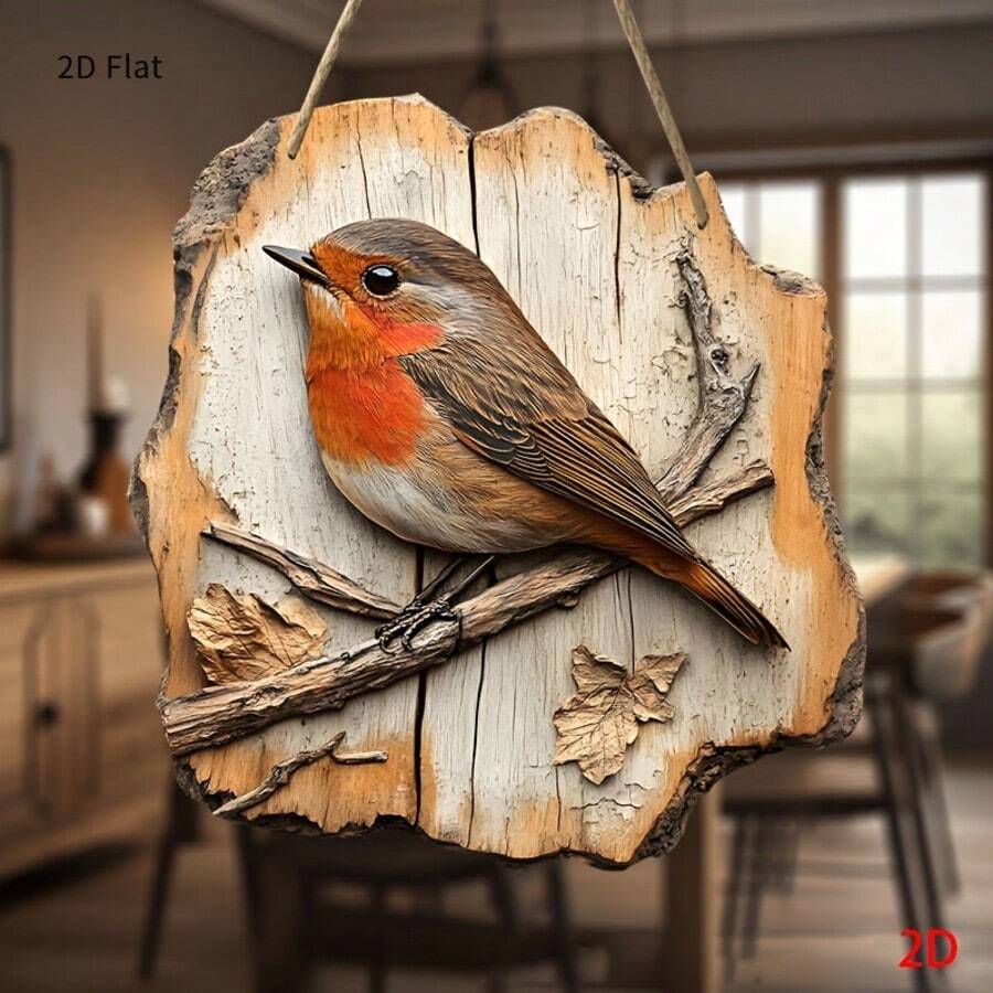 Segno da parete in legno piatto 2D a forma di uccello pettirosso, stile rustico di fattoria, con foglie e rami autunnali, perfetto per cucina, vacanze, bar, porta e decorazione portico di casa
