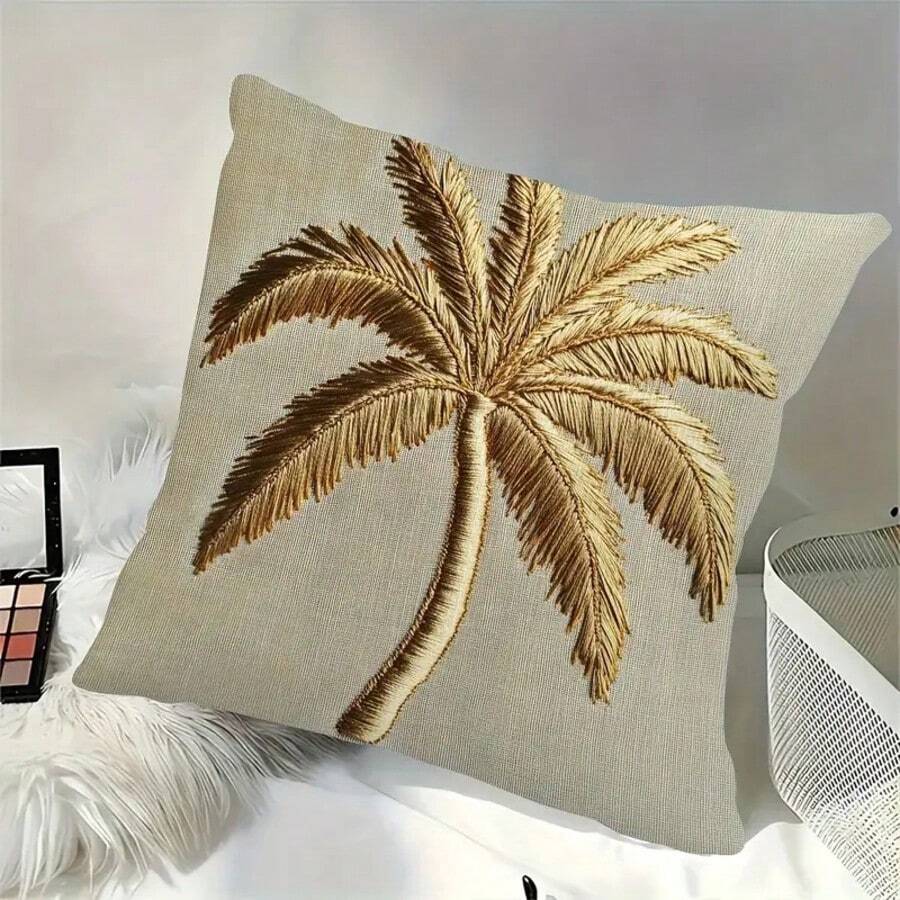 1pc Vintage Gold Palm Tree 2D Print Decorative Throw Pillow Cover, 18x18 Inch - Tropical Beach Style, Suitable For Living Room Sofa Bedroom Decor, Machine Washable, Without Pillow Form