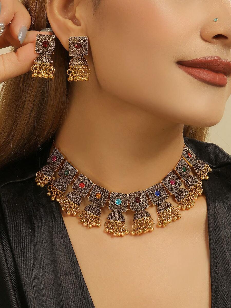 3pcs/Set Elegant Boho Style Rhinestone Jewelry Set, Includes Necklace Pendant & Jhumka Earrings, Traditional Accessories, Suitable For Women's Daily Wear, Festivals, Weddings And Parties/Jewelry Gift