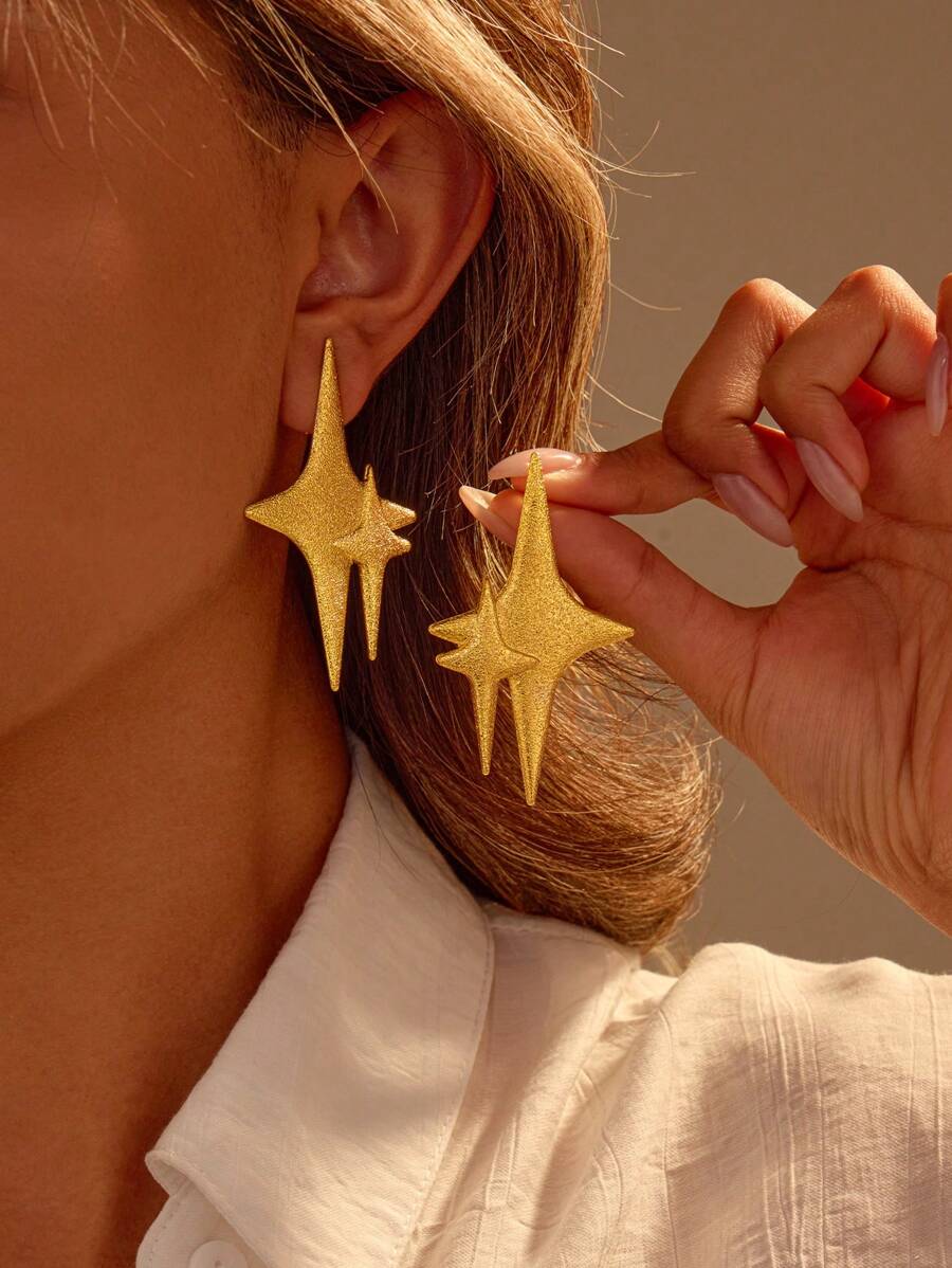 1 Pair Sparkling Star-Shaped Long Earrings, Personalized Stacked Star Design To Brighten Your Beauty