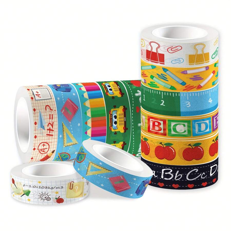 12pcs/6pcs/1pc School Themed Washi Tape Set, Decorative Paper Masking Tapes, Multicolor Handmade Stickers For Scrapbooking, Gift Wrapping And DIY Projects, Random Colors And Designs School Supplies Back To School School Essentials School Stuff