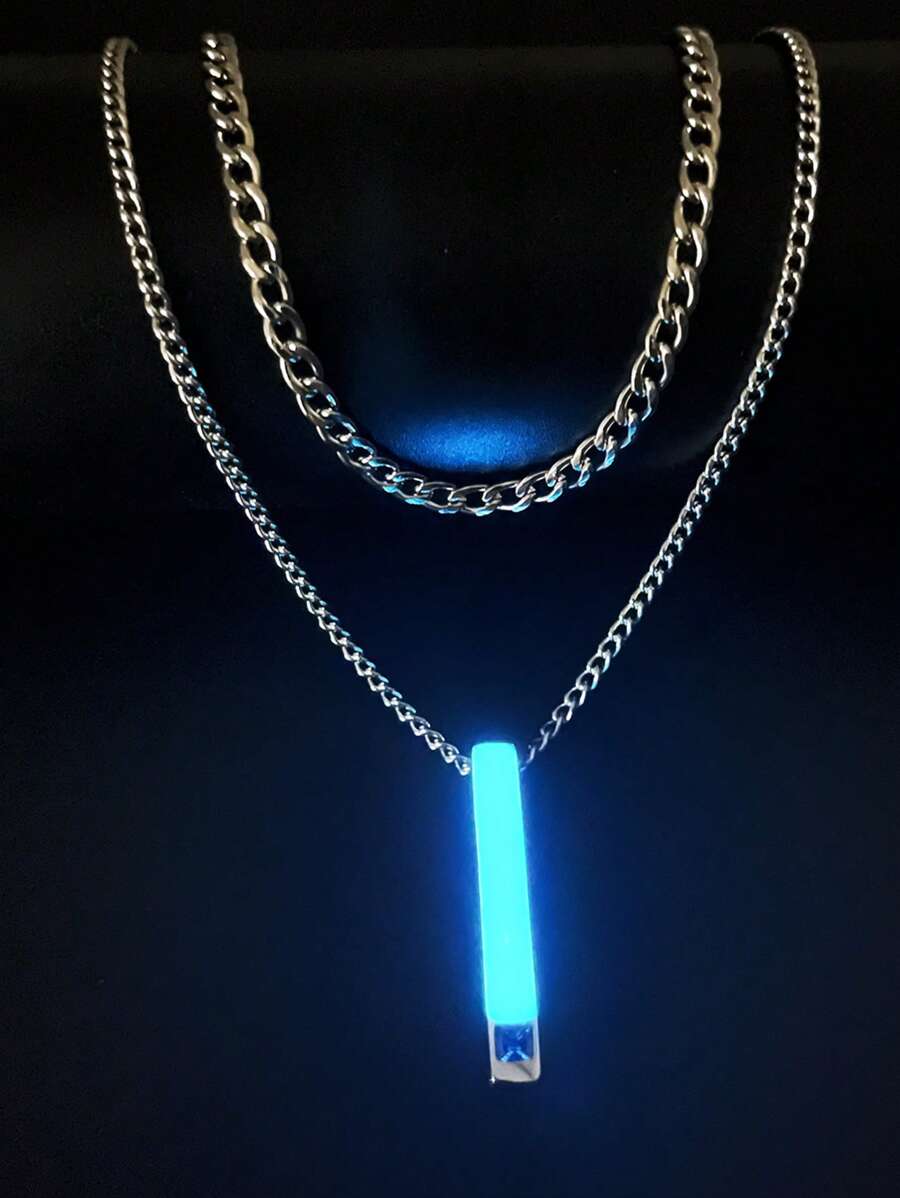 1pc Fashionable And Popular Men Double Layer Luminous Men's Stainless Steel Charm Necklace Three-Dimensional Column Pendant Inlaid Zirconia Glow In The Dark Minimalist Decoration Hip-Hop Style Birth Year For Jewelry Gift And For A Stylish Look