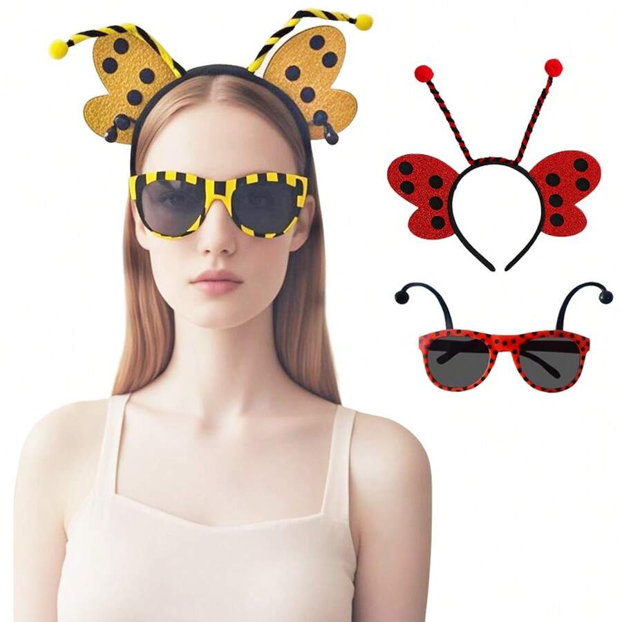 2pcs Set Bee, Ladybug Wing Headband And Glasses, Adult Party Cosplay Headpiece, Glasses, Suitable For Outdoor Play, Beach Photo Props, Various Festivals, Halloween, Carnival Outfit