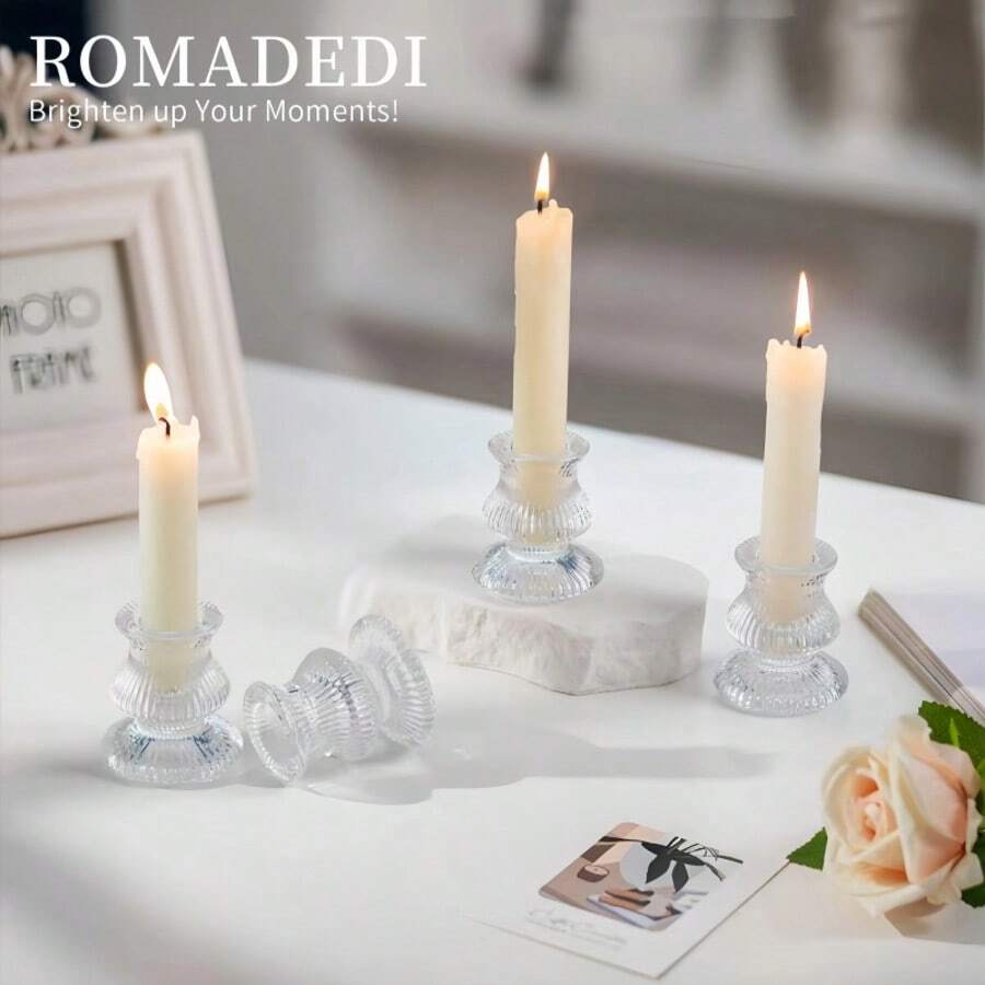 10pcs Glass Tabletop Candle Holders, Clear, Crystal Ribbed, Polished, For Table Centerpiece, Wedding, Advent Wreath, Christmas, Thanksgiving, Dinner