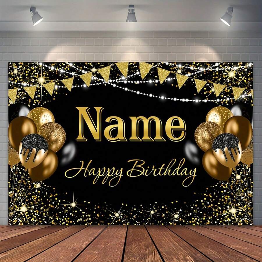 1 Stück schwarzgoldenes funkelndes Polyester Hintergrund für Geburtstage, mehrere Größen mit "Happy Birthday" Text - funkelnde Ballons, Konfetti, Polyesterstoff, geeignet für Fotografie, Abschlussfeiern, Partys, Feiern (ohne Strom erforderlich), Geburtstagsdekoration