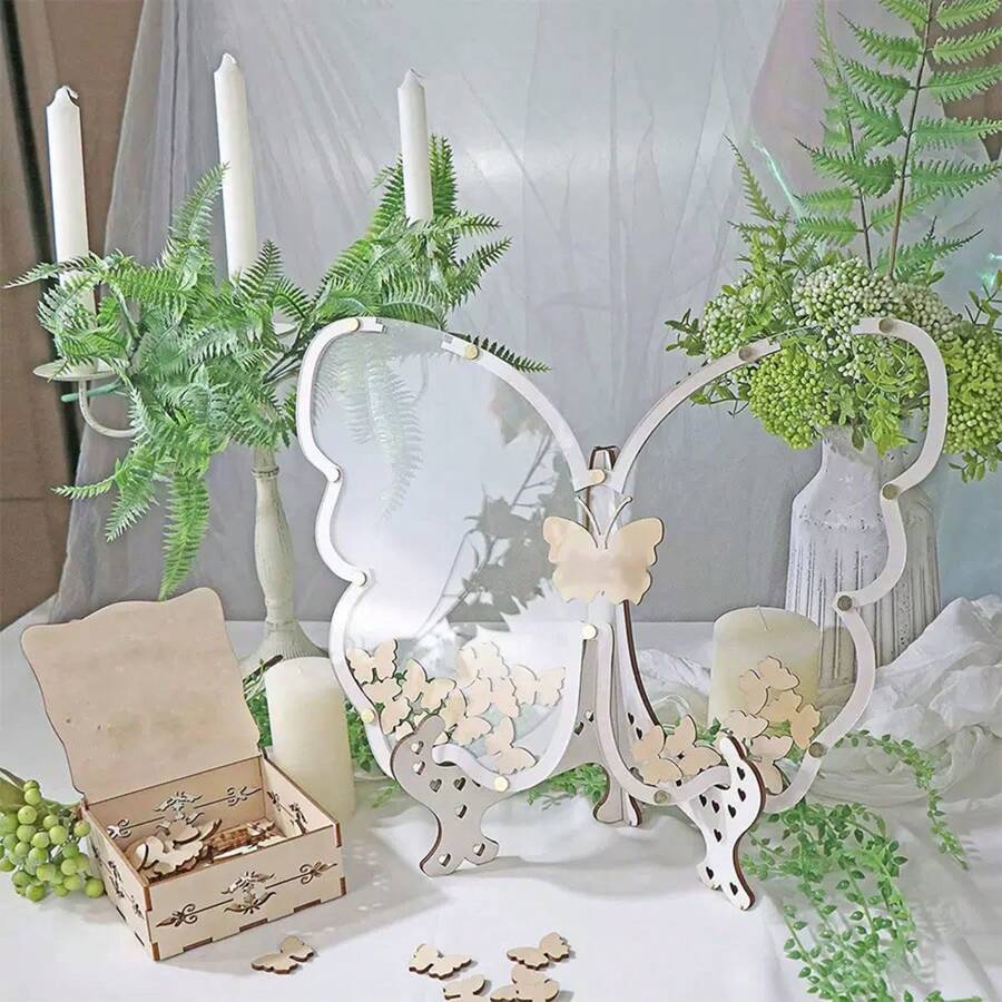 60 Butterfly Wooden Wedding Check In Table DIY Personalized Wedding Venue Decoration Hollow Butterfly Decoration Acrylic Wedding Message Box Wedding Welcome Card Replacement Guest Signature, Wedding Decoration, Birthday Decoration Wedding Season Perfect Decoration (Box Not Included)