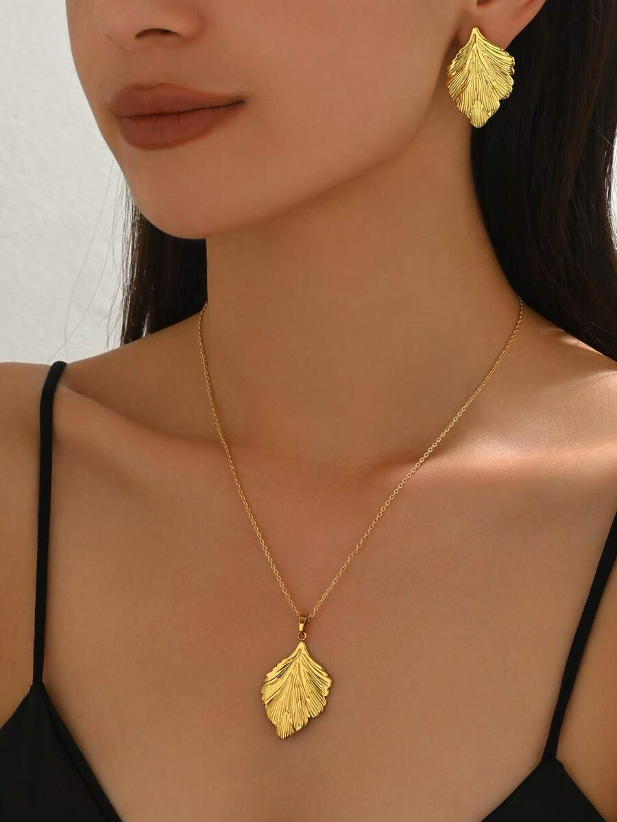 1 set Bijoux en acier inoxydable de forme de feuille naturaliste, convient pour les dames à porter lors de soirées
