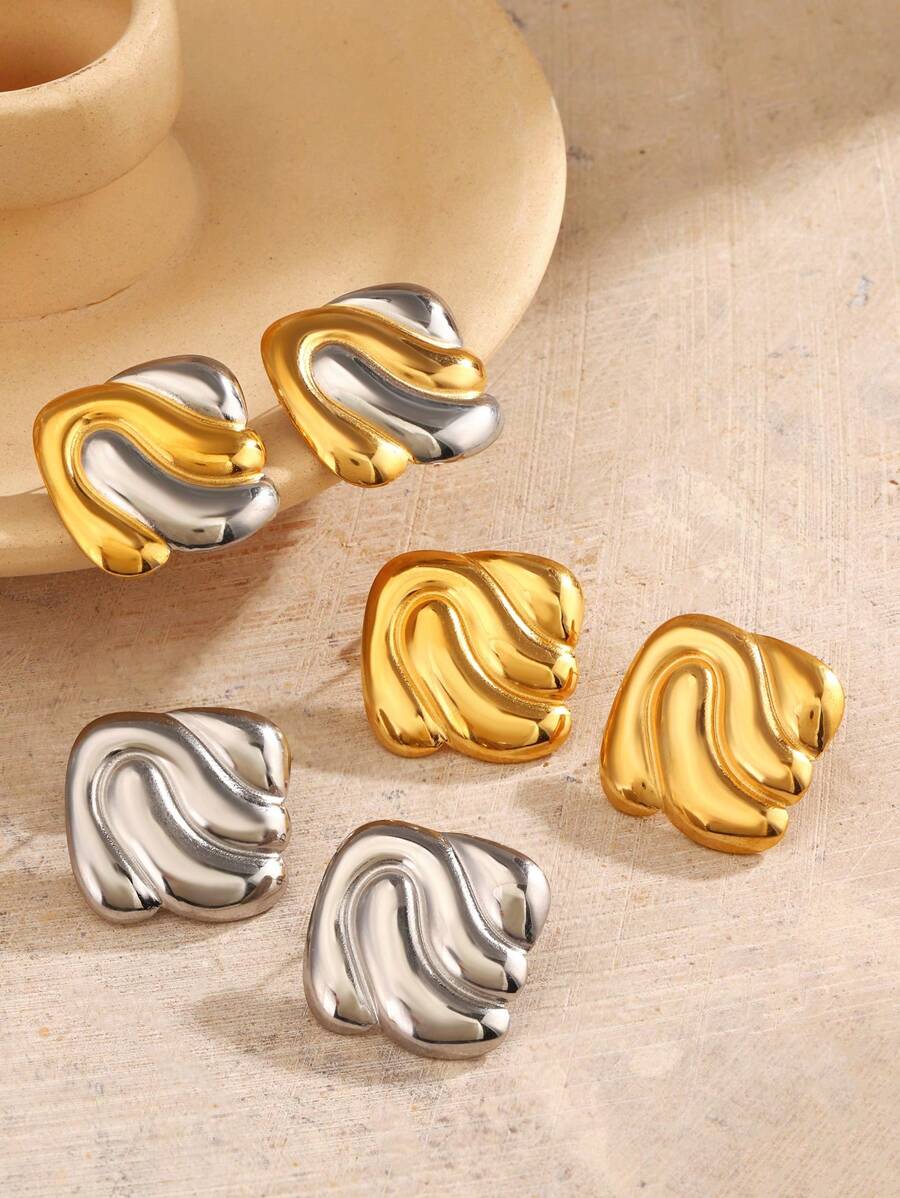 2 Pieces Of Stainless Steel Personalized Elegant Women's Fashion Gold Steel Color Color Blocked Geometric Water Ripple Shaped Earrings Suitable For Women's Daily Summer Shopping And Travel Wearing Earrings