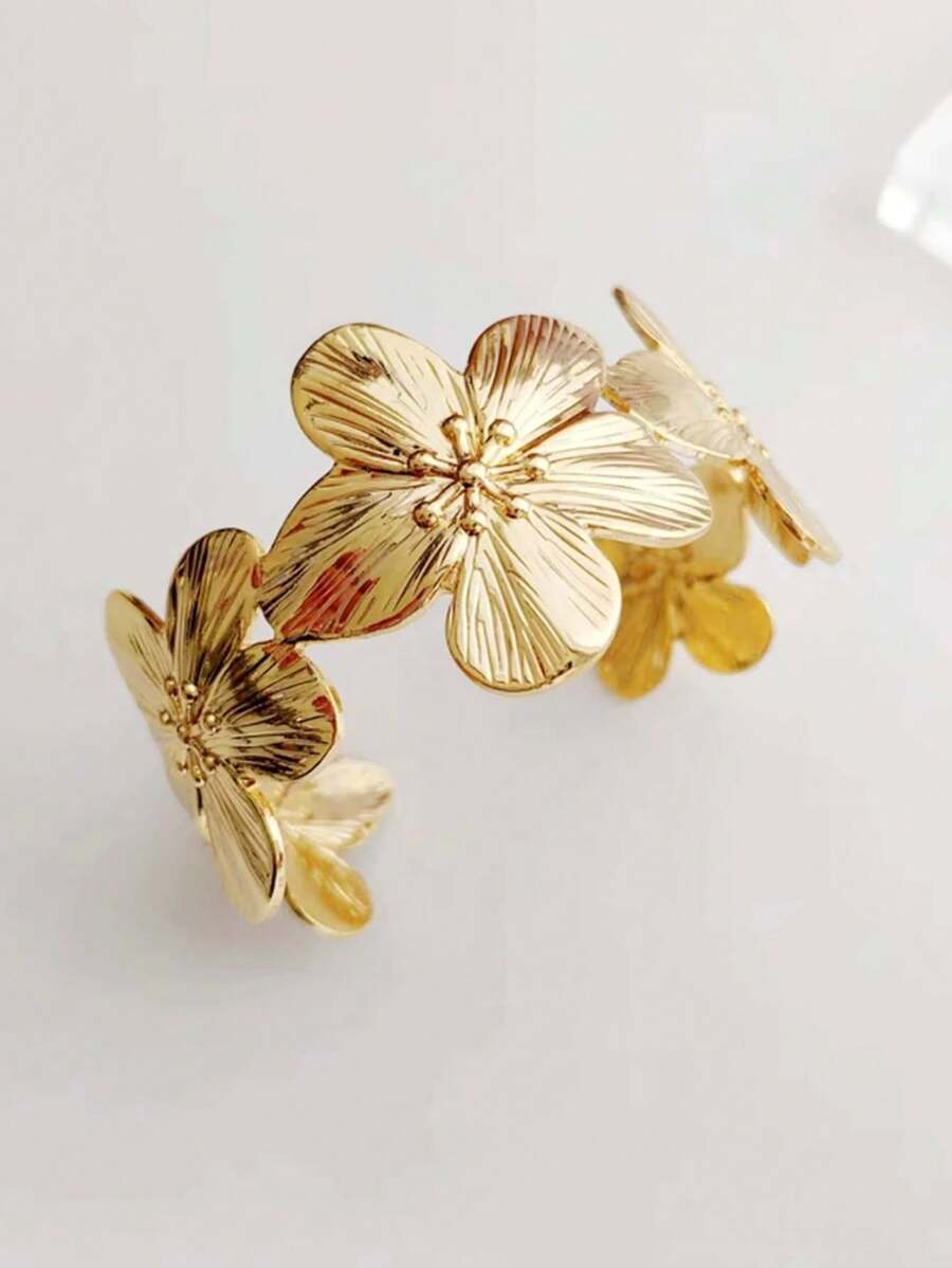 Open Bangle Bracelet With Floral Gold Accent, Women's Jewelry, Valentine's Day Accessory