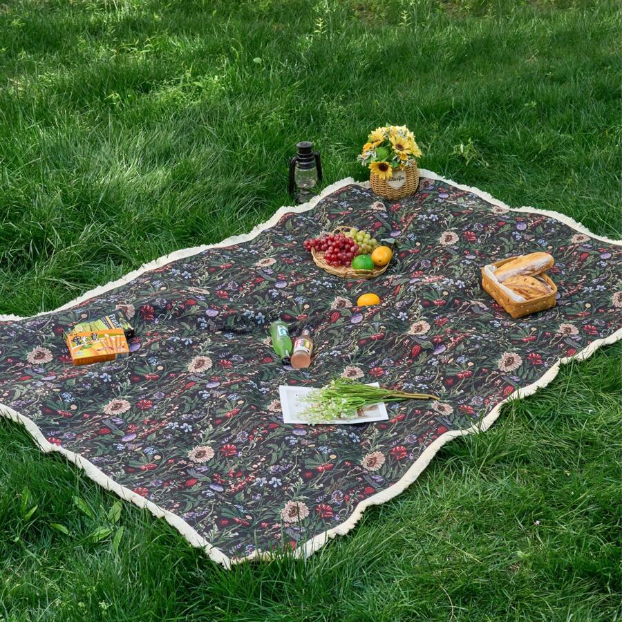 1 Stück verdickter Jacquard-Gewebe Troddel schwarzer Grund gemusterter Picknick-Matte / Strandtuch / Tischdecke