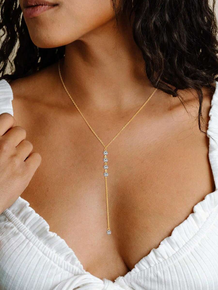 1 pièce Mode Polyvalent Collier Long en Métal Incrusté de Strass en Forme de Y, Convient aux Femmes pour Un Port Quotidien et en Soirée, Bijou Délicat et Minimaliste