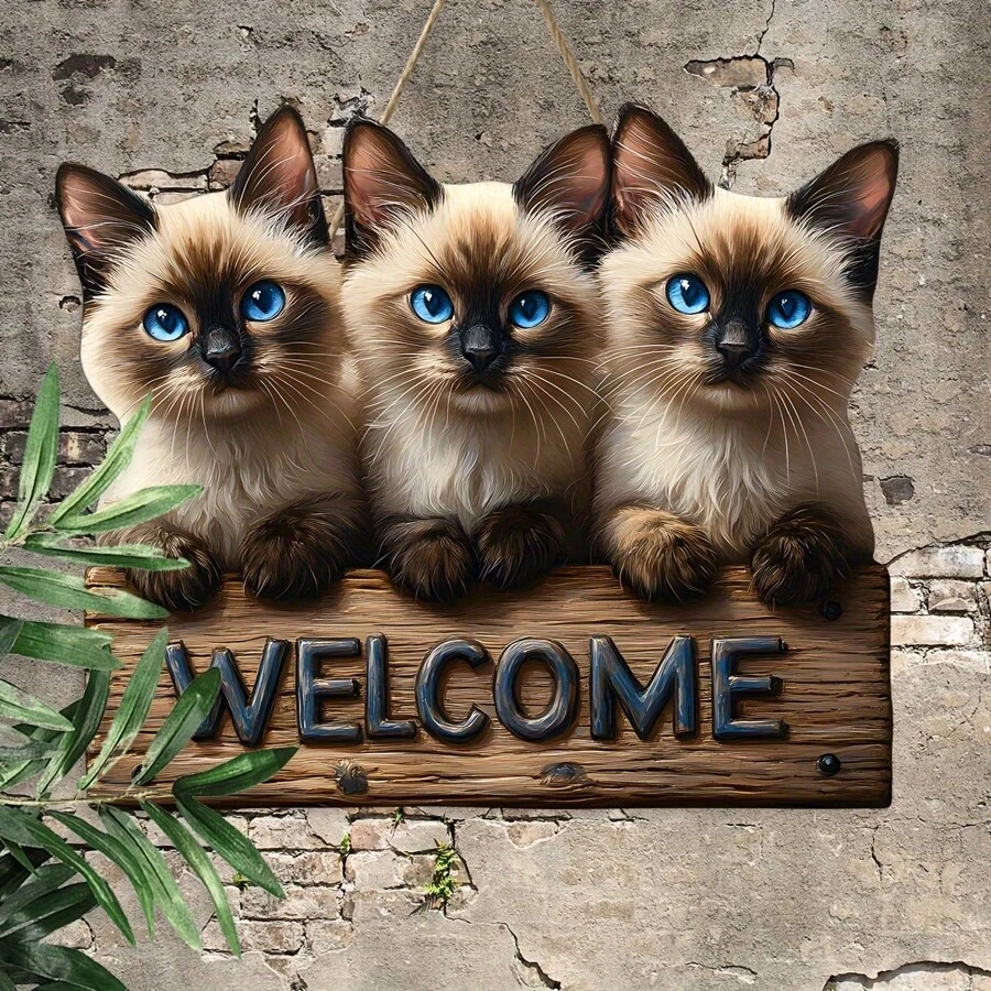 1 pezzo Targhetta con gatto Siamese in 2D piatto, decorazione da parete in legno 2D piatta, senza alimentazione elettrica, leggera e senza piume, perfetta per Natale e tema gatti domestici, decorazione per portico e giardino, aspetto artigianale, accessori per gatti