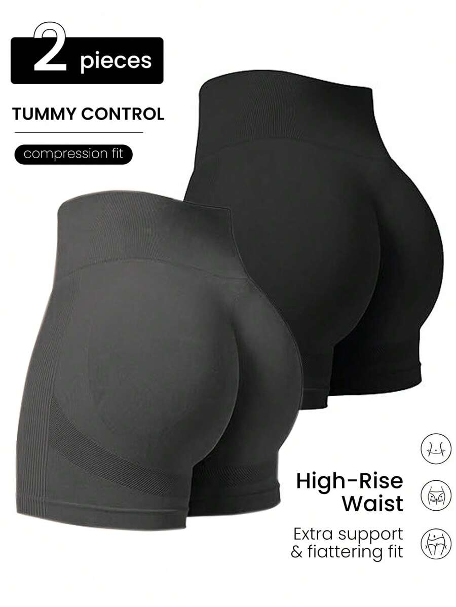 2 PEÇAS. Shorts de Ioga e Ginástica Sem Costura Femininos, Controle de Barriga, Levantamento do Bumbum, Secagem Rápida, Alta Elasticidade